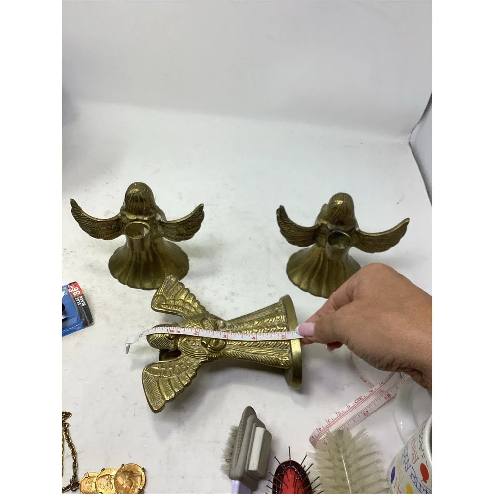 Vintage Set Of Three Angel Shaped Brass Candle Holders Holiday Decor MCM